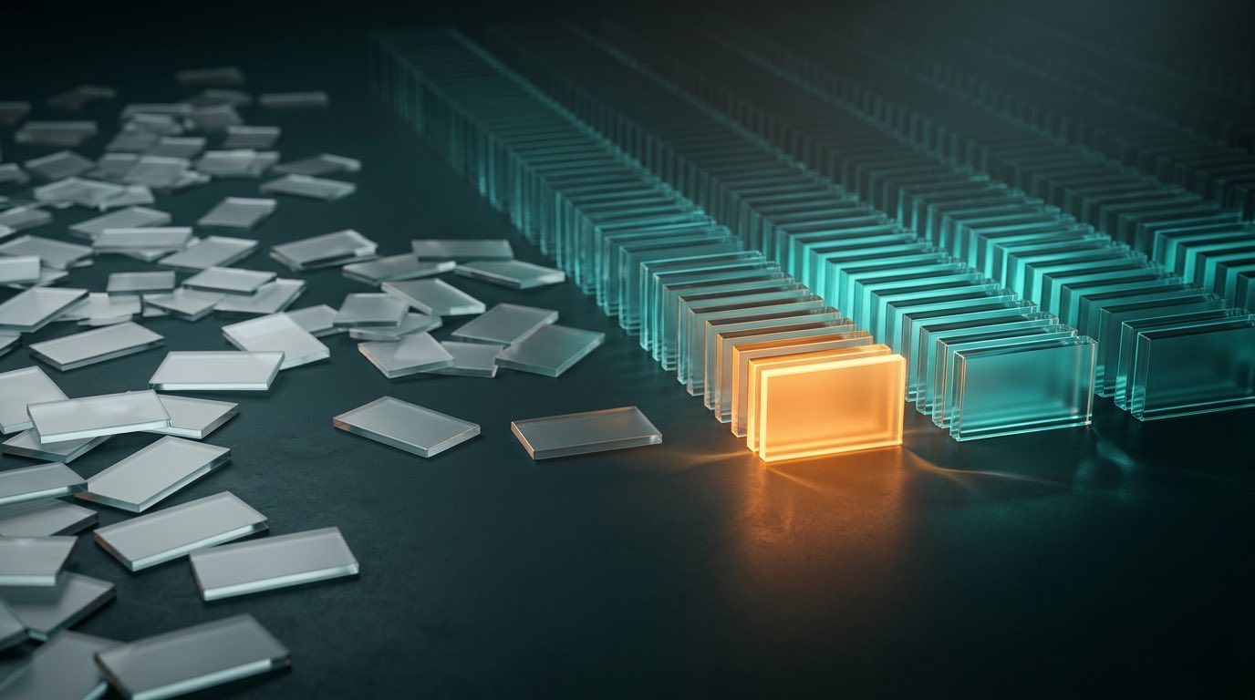 Glass cards scattered across a dark floor, drifting into long ordered teal-lit columns, with one card at the front glowing orange as the next in line