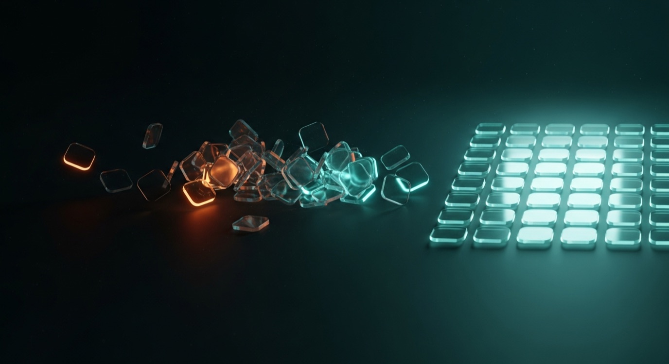 Glowing glass image-tiles scattering out of the dark and resolving into an ordered luminous grid