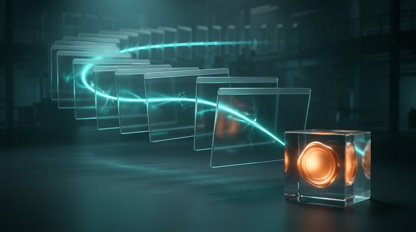 A teal light trail threading through a curving line of glass browser panes and ending at a glass evidence block sealed in orange