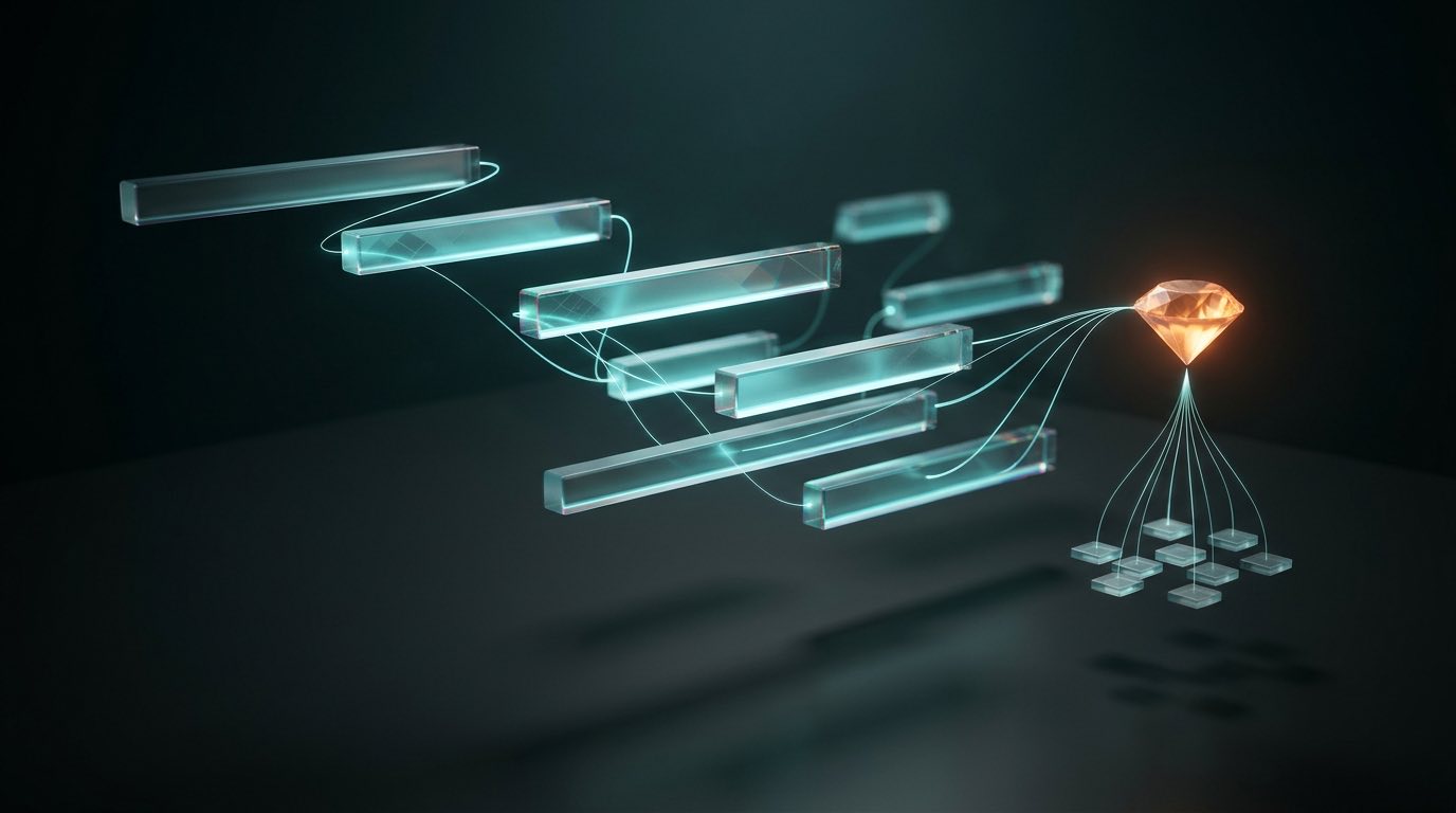 A Gantt chart of floating glass bars linked by glowing dependency threads, converging on an orange milestone diamond with its deliverable tiles beneath