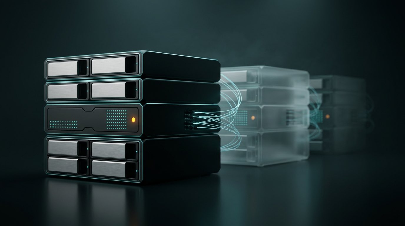A dark server stack edge-lit in teal, with fading translucent copies of it receding behind as layered backups