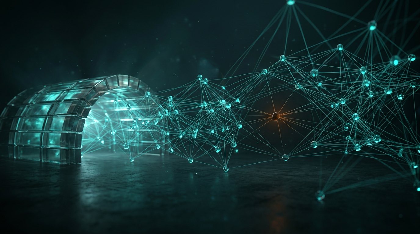 A curved glass vault on the left feeds a lattice of glowing teal nodes joined by fine threads, with one dark node in the middle lit orange.