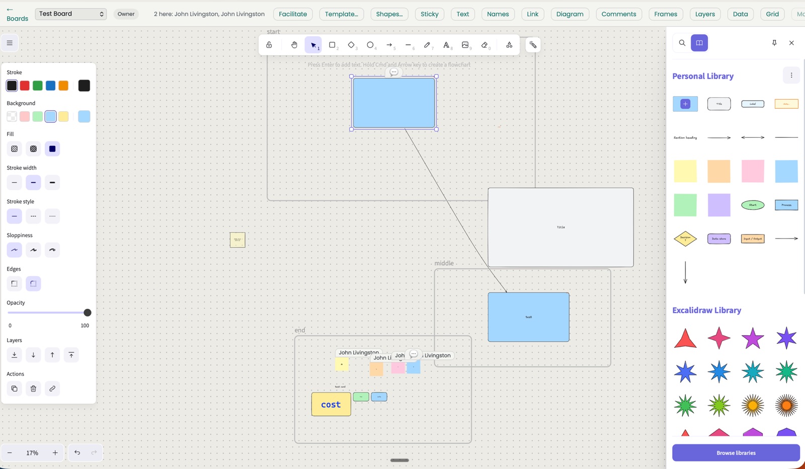 The whiteboard mid-workshop: a flow diagram across three frames, sticky notes with author names, live collaborator labels and a shape library open